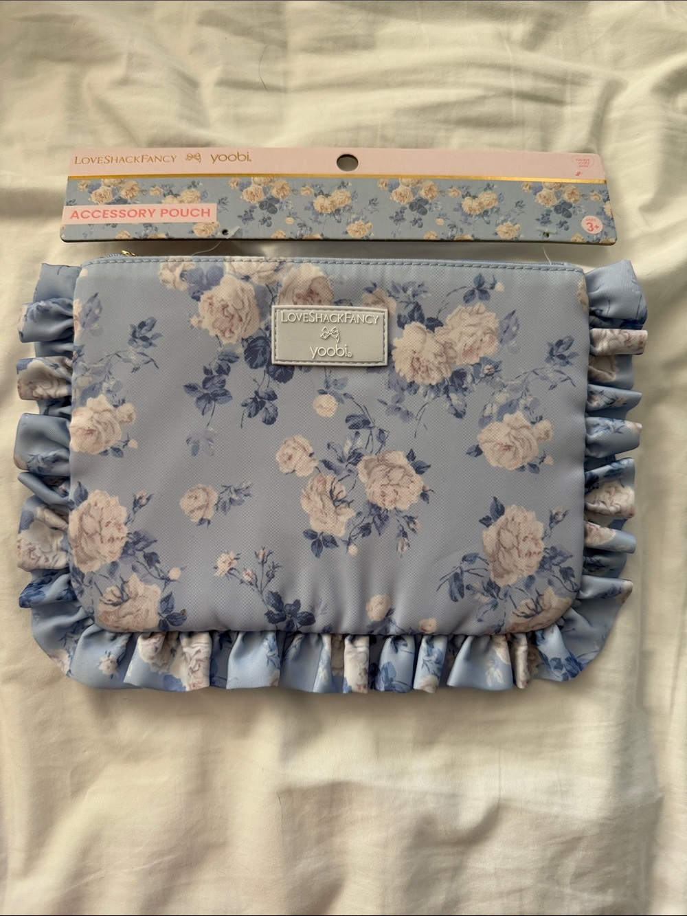 LoveShackFancy Blue and Cream Floral Ruffle Cosmetic Pouch NWT